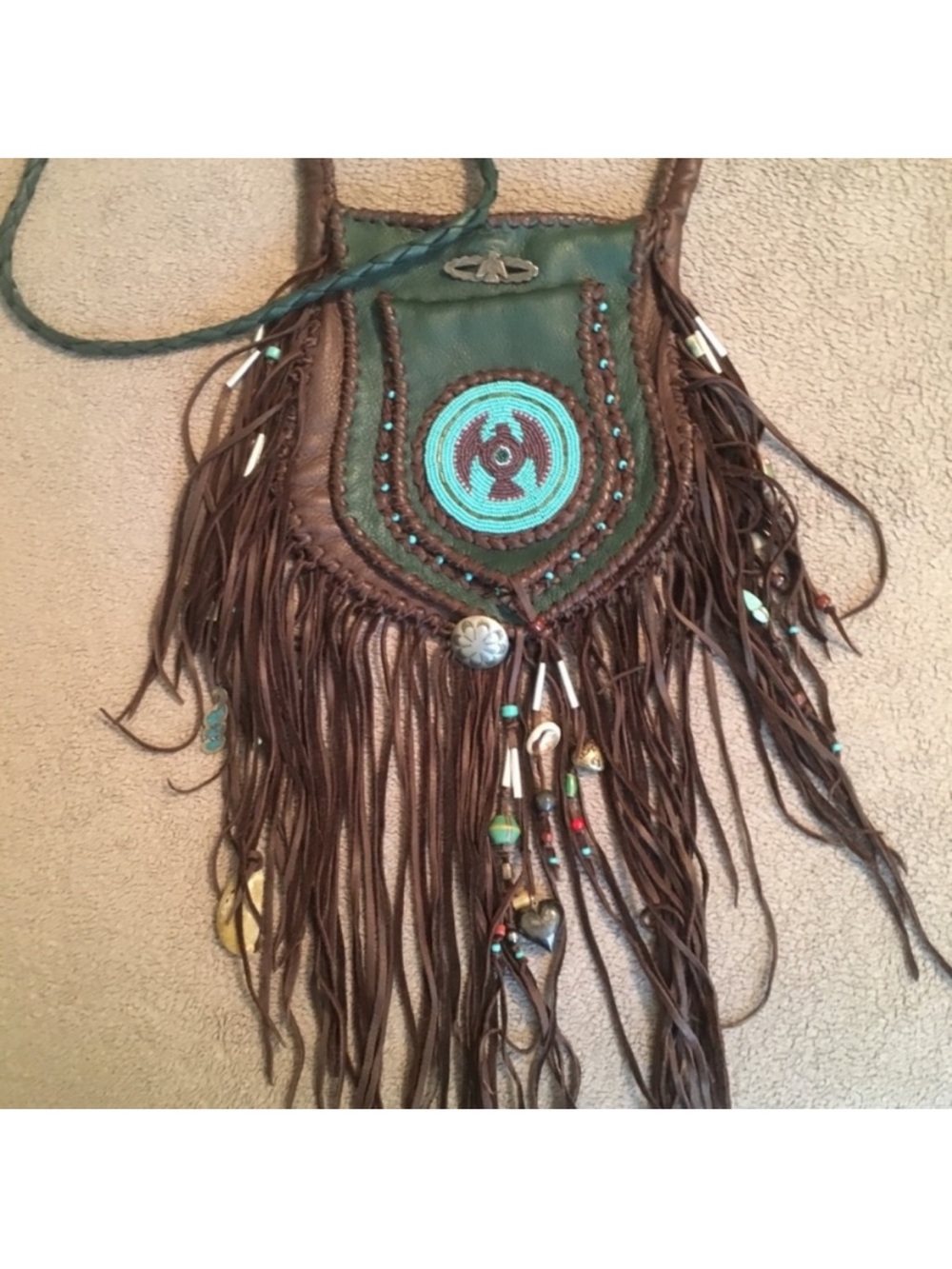 Charles Goss- Bohemian Brown Leather Fringe Crossbody Bag with Teal Embroidery